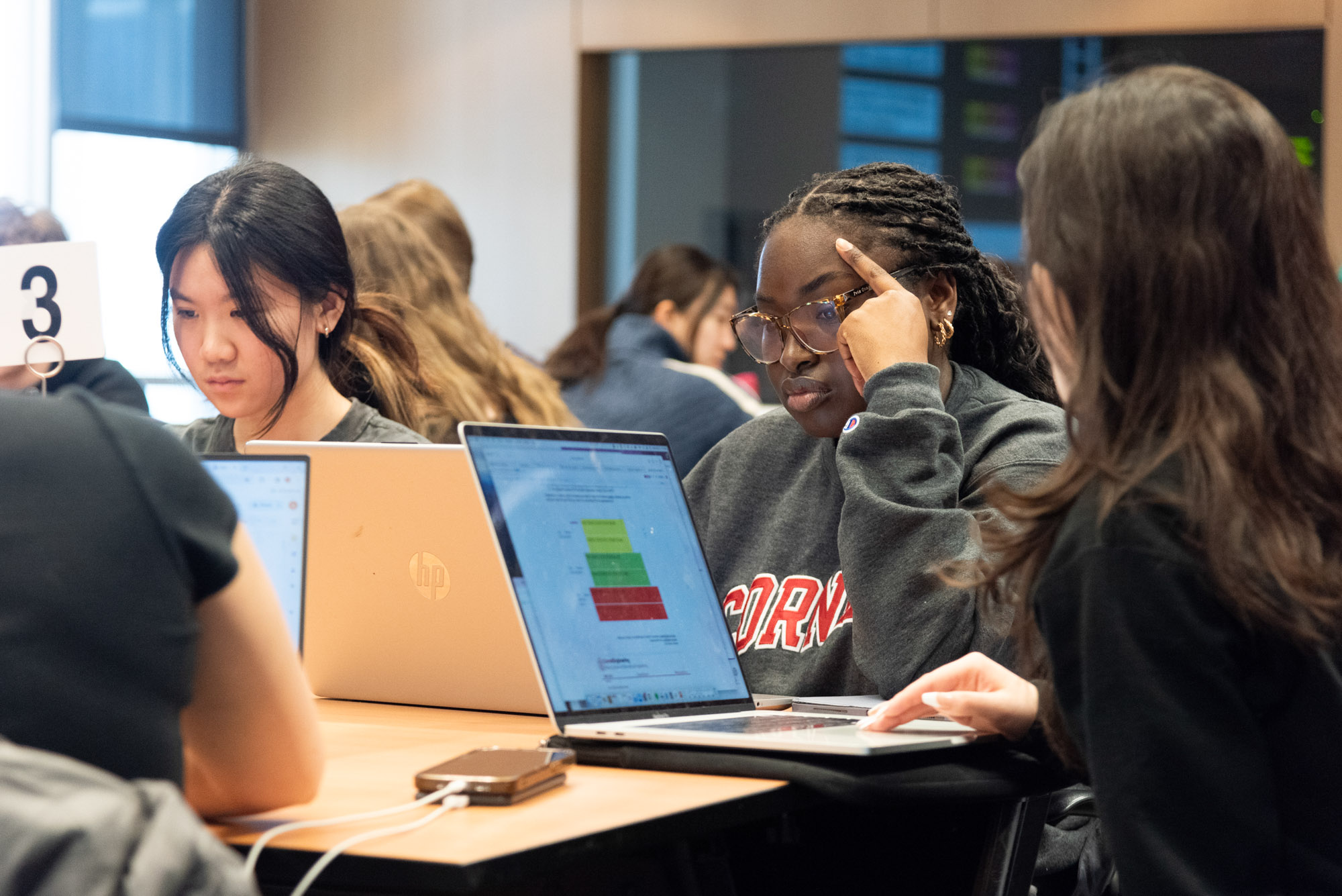 Students work together in the active learning initiative classroom.