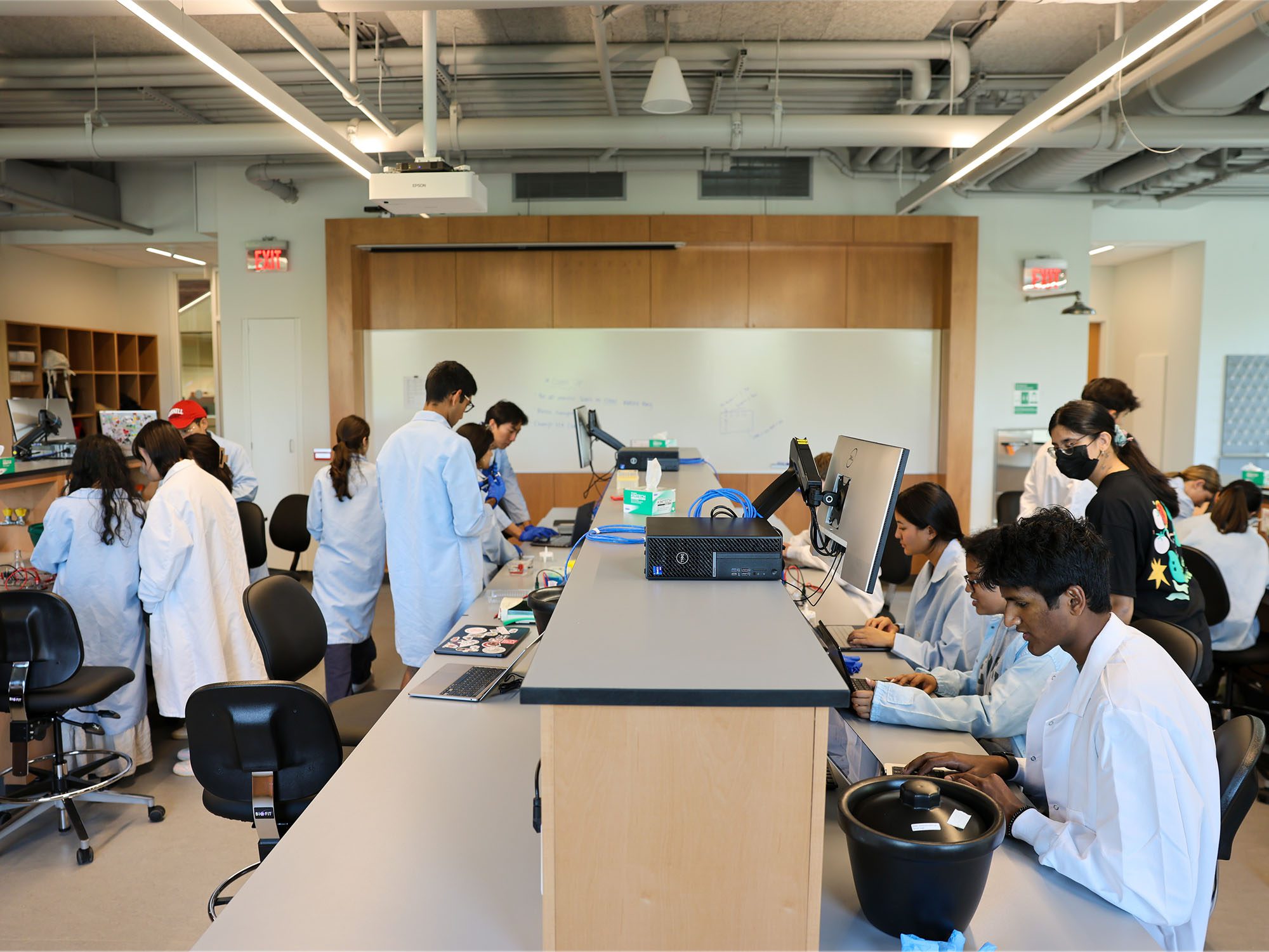 Students wearing lab coats work together at wet benches in Tang Hall wet laboratory.
