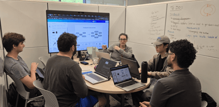 Students using the meeting pods to apply the biodesign framework towards defining their “needs specification.”