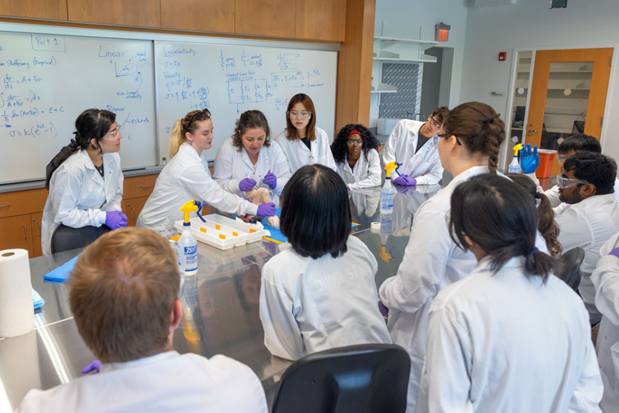 Students working together at a lab bench in a Tang Hall classroom.