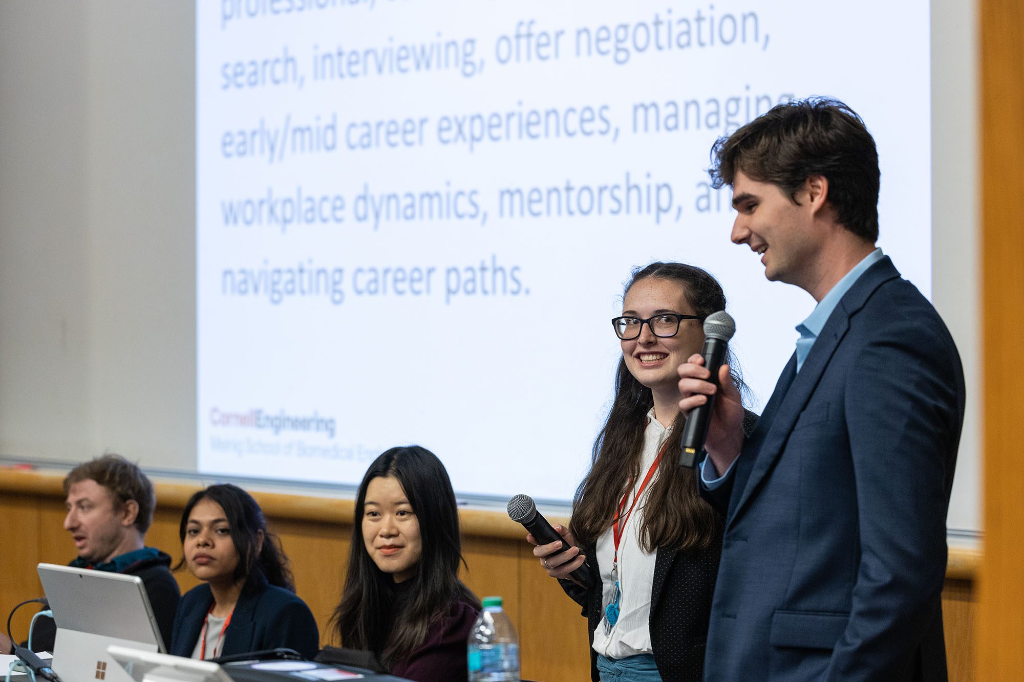 MEng students lead an alumni panel discussion at front of Duffield Hall auditorium to a room full of MEng students at Industry Day 2025