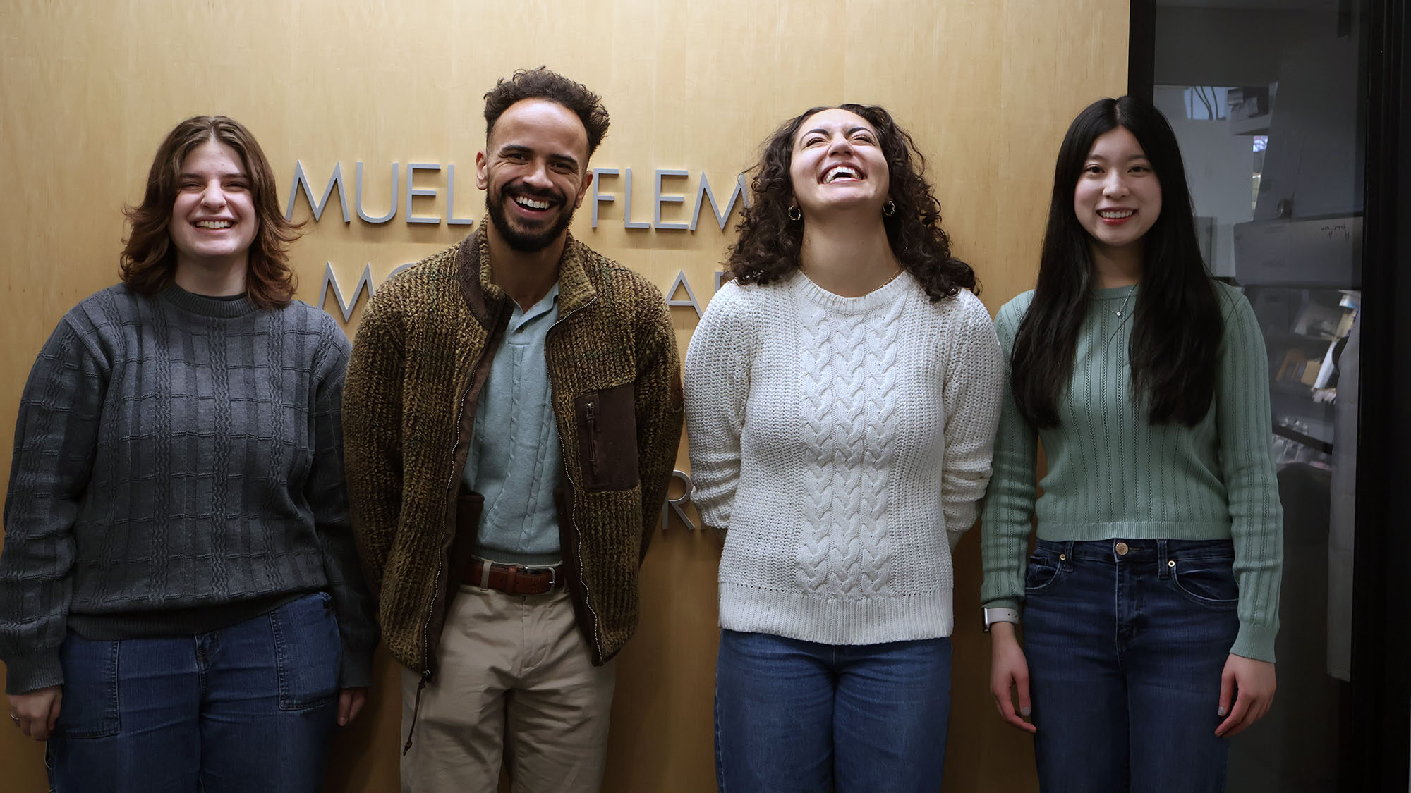 Jeremiah and his current undergraduate mentees enjoying time together outside their lab in Olin Hall. Left to right Stephanie Fingerman (chemical engineering, junior); Jeremiah James; Lydia Lehkal (chemical engineering, Junior); Emma Leung (biomedical engineering junior)