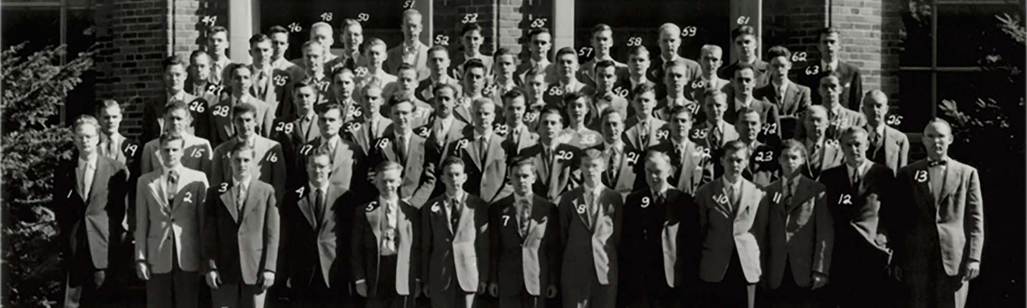 Cornell chemical engineering class stands together in front of Olin Hall 1949