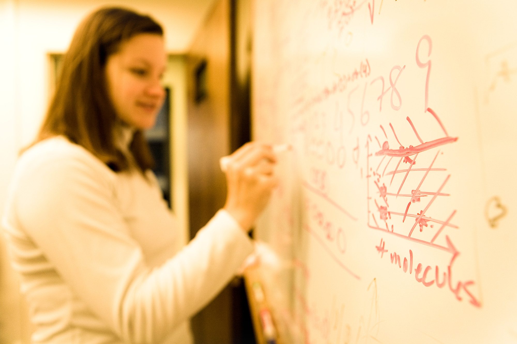 Student Rebecca Cantrell working through a problem set on a white board.