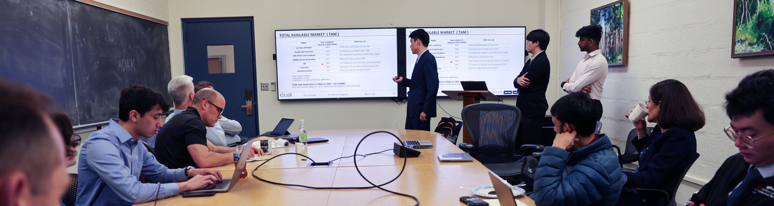 M.Eng. students present their design project to industry collaborators in Olin Hall classroom.