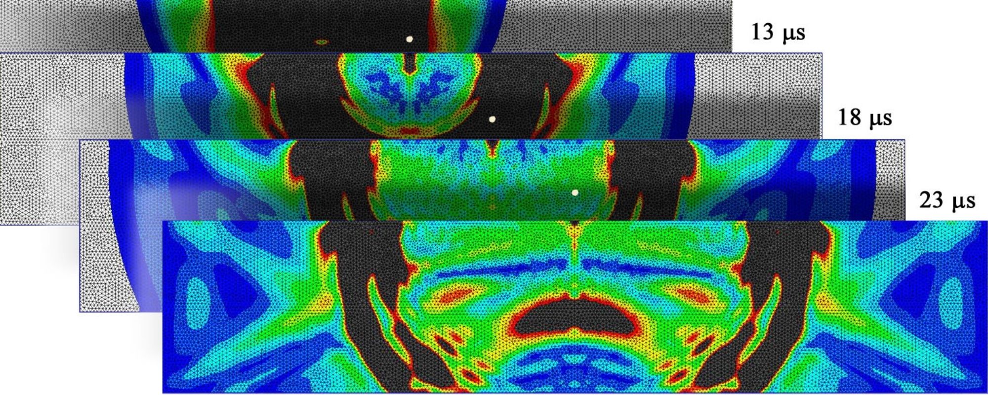 cross section of the waves propagating through a 50 mm thick steel plate in response to the impact of a 1.58 mm steel ball at five different times.