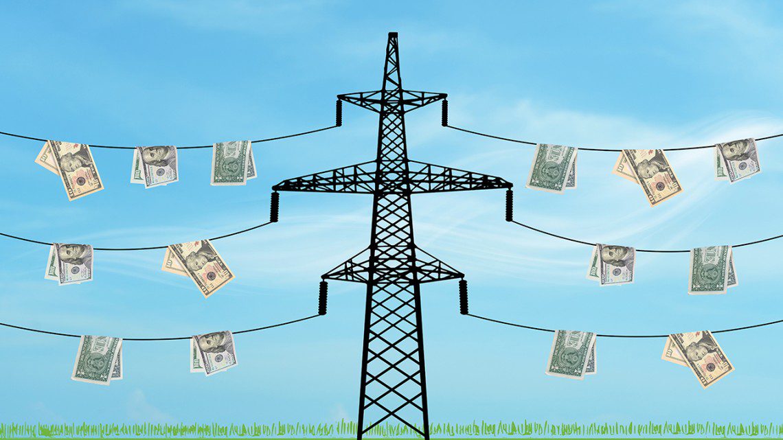 Power lines with paper money hanging from them