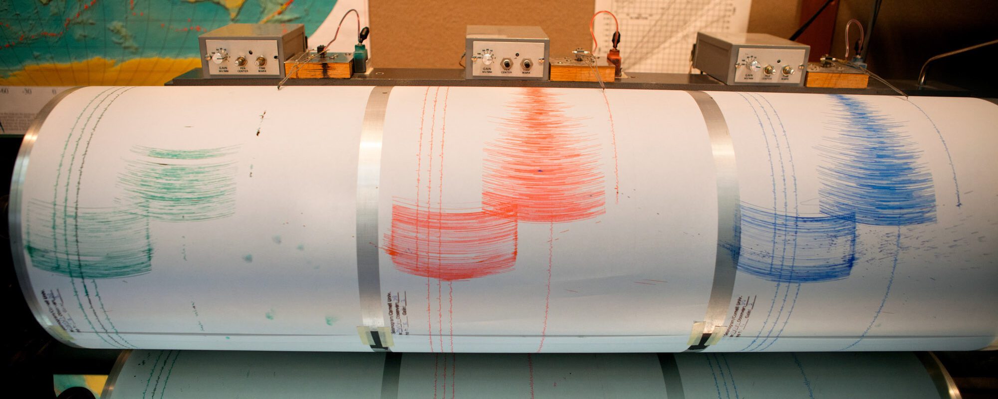 seismograph in Snee Hall showing the lines caused by an earthquake