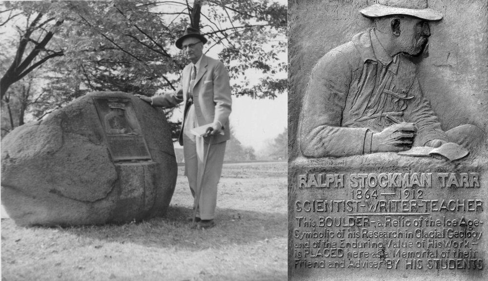 Ralph Stockman Tarr stands next to a boulder taller than he is. Embedded in the boulder is a plaque honoring Tarr and his career.