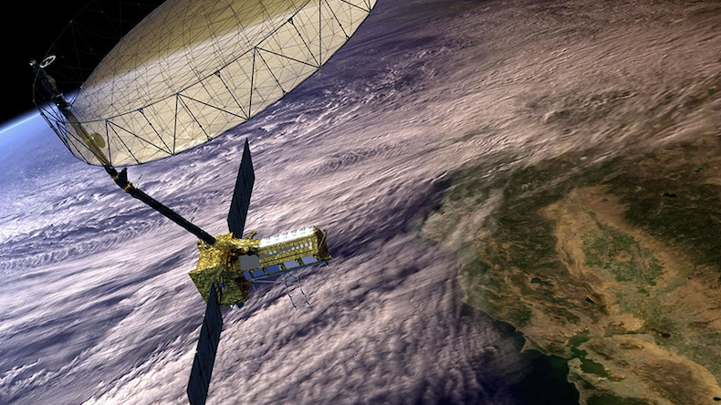Artist's conception of the NISAR satellite in orbit.