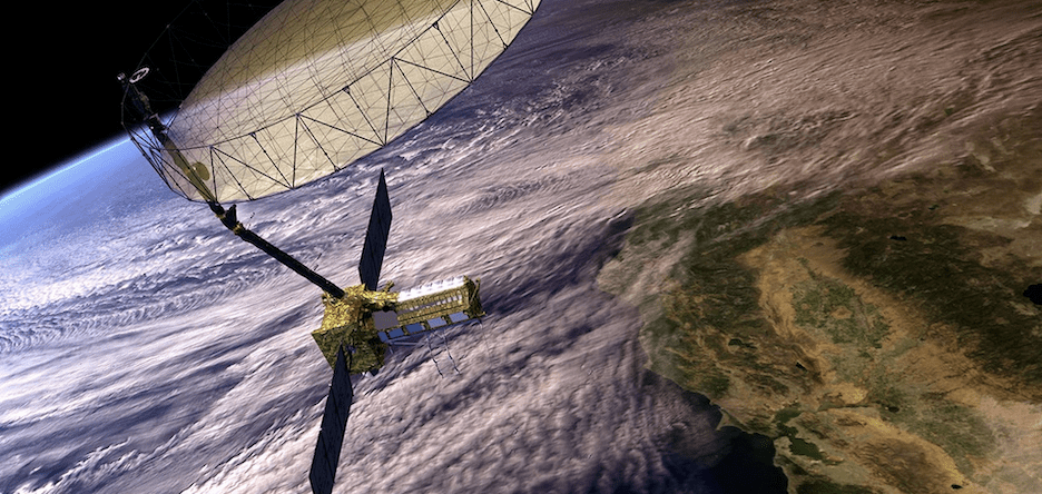 Artist's conception of the NISAR satellite in orbit above the Earth with its antenna fully deployed.