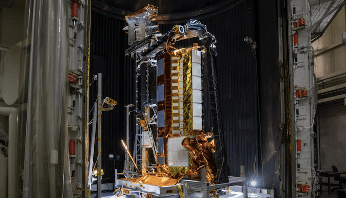 NISAR satellite in a thermal vacuum chanmber for testing.