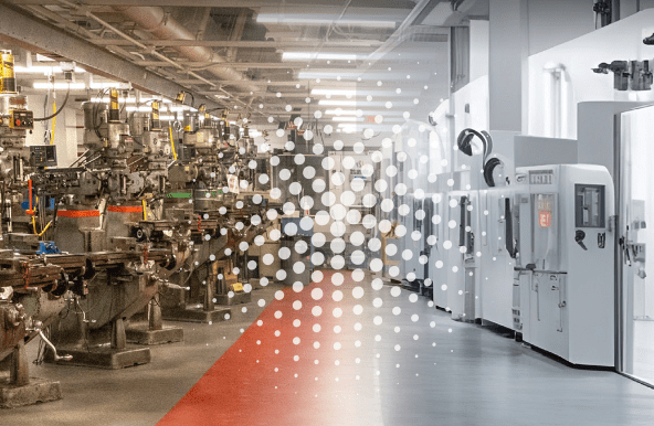 AI-created image showing the current machine shop in Upson Hall on the left morphing into the imagined Manufacturing Learning Studio of the future on the right right.