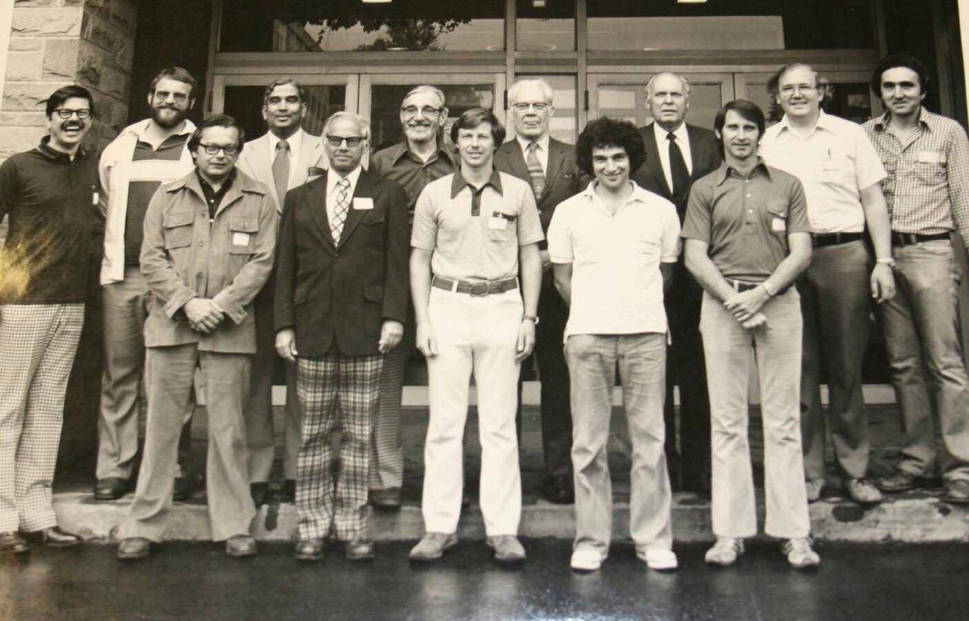 Operations Research faculty pose as a group in front of Carpenter Hall in 1977.