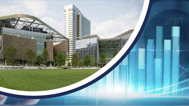 Graphic showing part of the Cornell Tech campus and a glowing blue and white bar graph