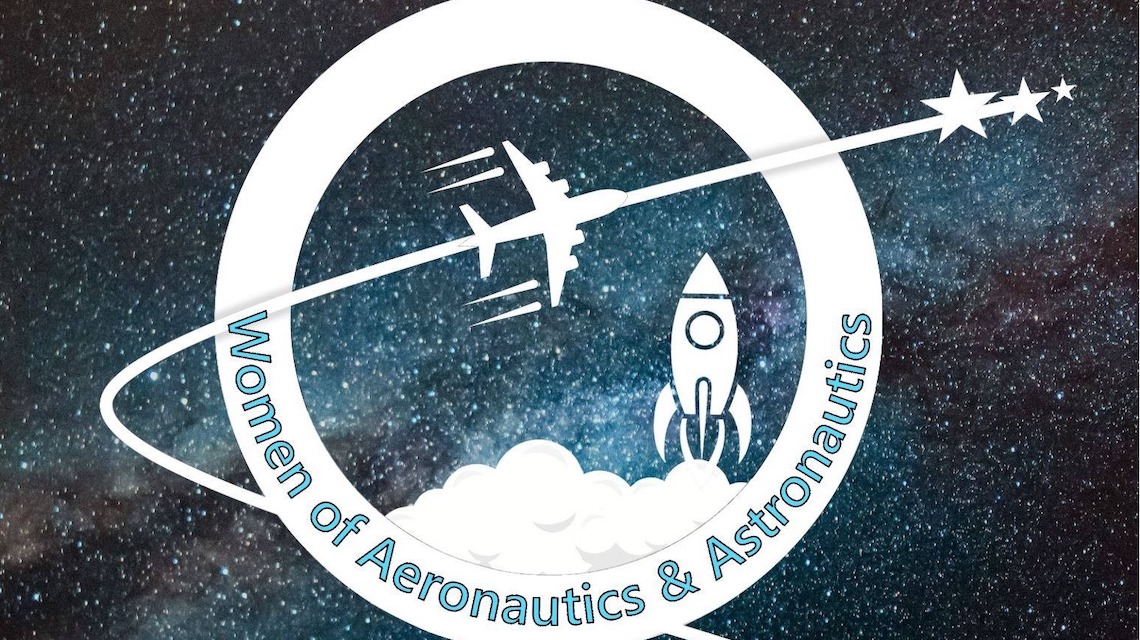 rocket and airplane in a cirlce that reads "Women of Aeronautics and Astronautics"
