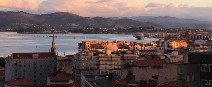 A view of Santander, Cantabira, Spain as the sunsets over the ocean