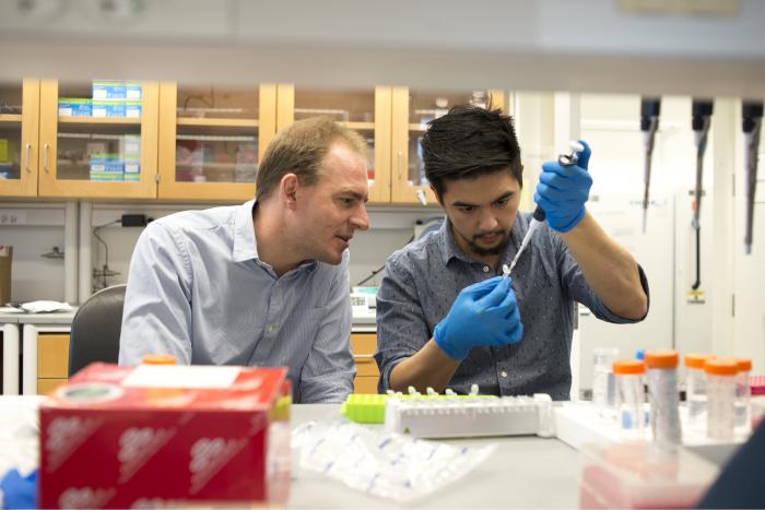 Robert N. Noyce Assistant Professor in Life Science and Technology Iwijn De Vlaminck works with a student in his lab