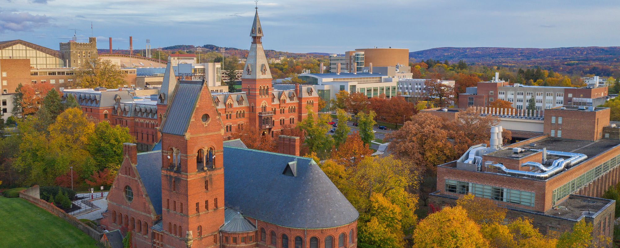 View of campus with engineering quad in the background and Barnes Hall in the foreground.
