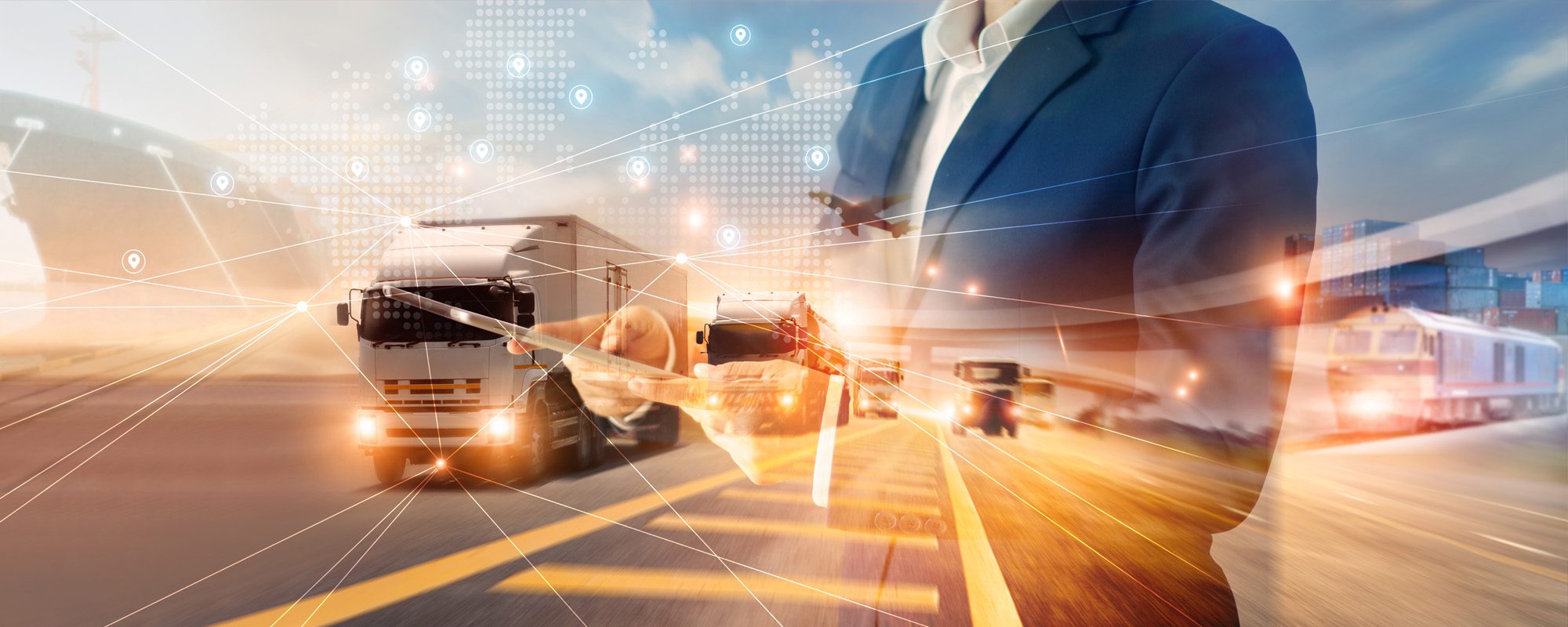 Composite stock image of trucks, boats, highways, and person holding a tablet that suggests transportation systems