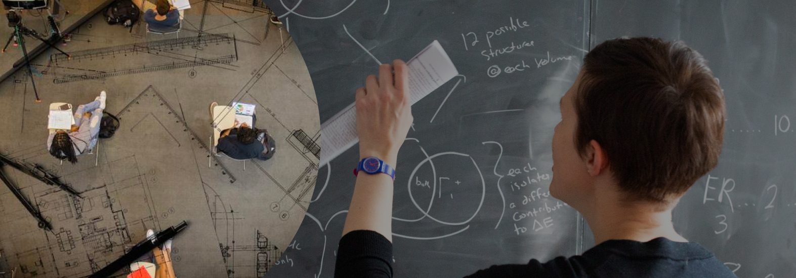 Collage of students working at desks surrounded by blueprints, and a professor writing equations on chalkboard