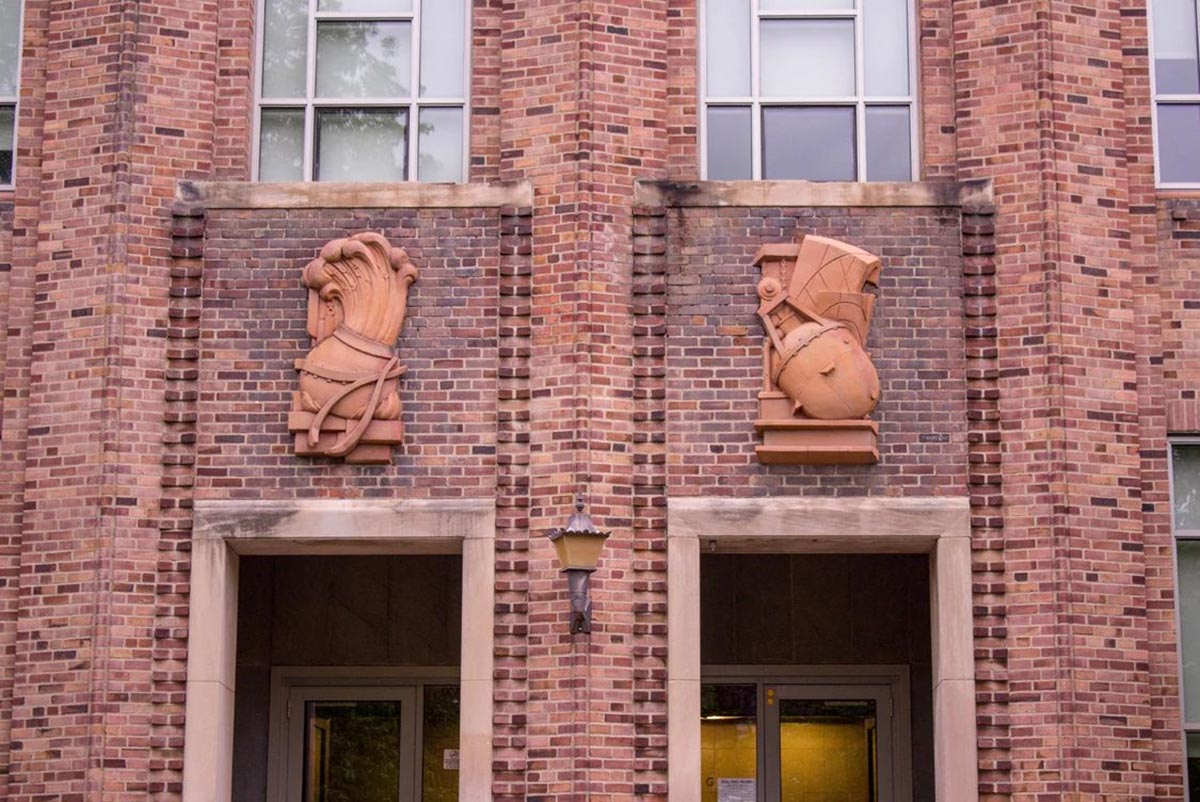 Olin Hall with terracotta reliefs above entrance