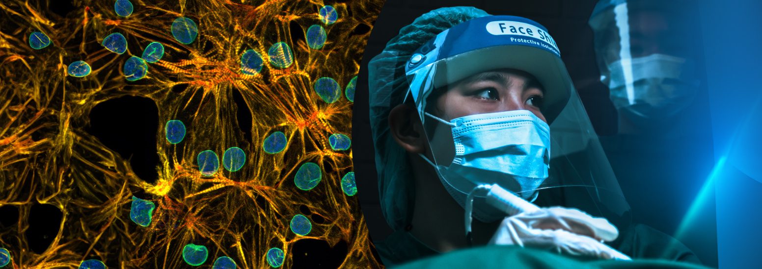 Biomedical researcher wearing face mask and helmet works in lab