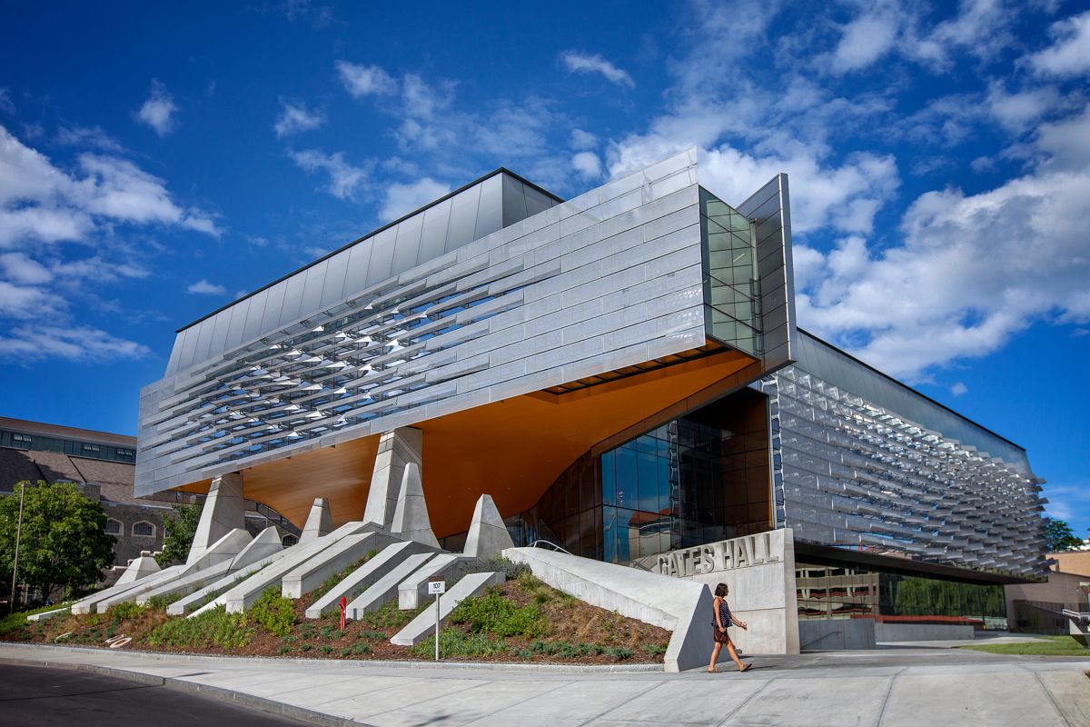 Modern architecture of glass and angles in outside of Gates Hall
