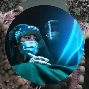 Researcher wears face shield in lab