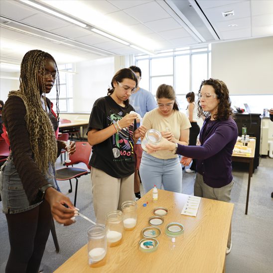 students observe specimen dishes around a table
