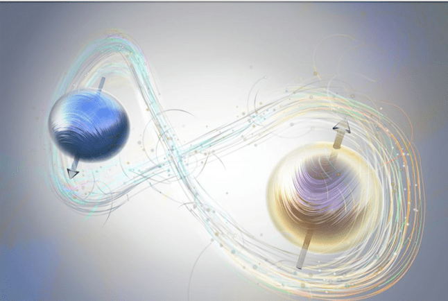 illustration showing two spheres. One is blue and the other is gold. A figure-8 of lines circles them.