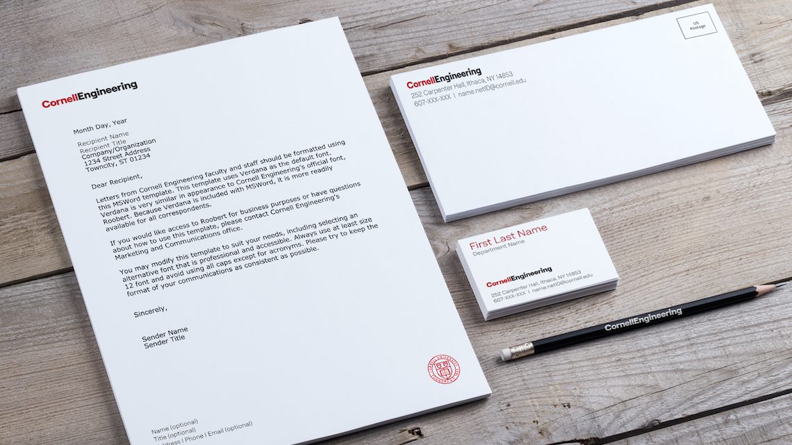 letterhead, envelopes, and business cards with cornell engineering branding