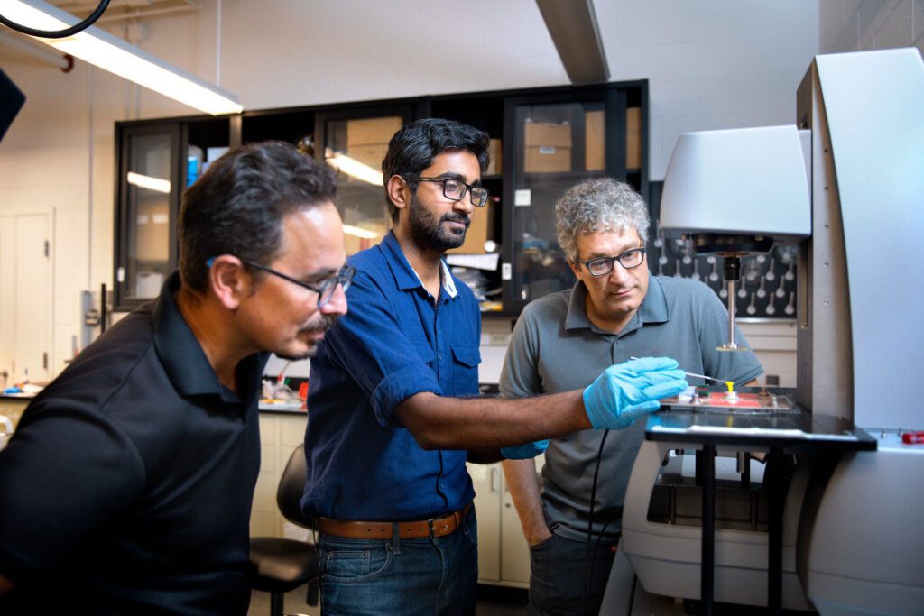 Birna Kirby works in research lab with two colleagues