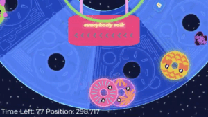 Colorful disc with "everybody roll" on it, plus "Time Left: 77, Position: 298.717" off disc