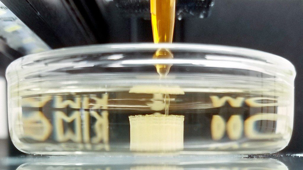 a small cube is 3D printed in a solution